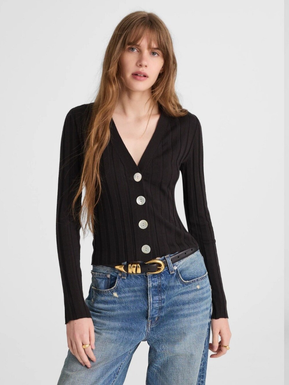 Madewell Black Ribbed V-Neck Button-Up Cardigan